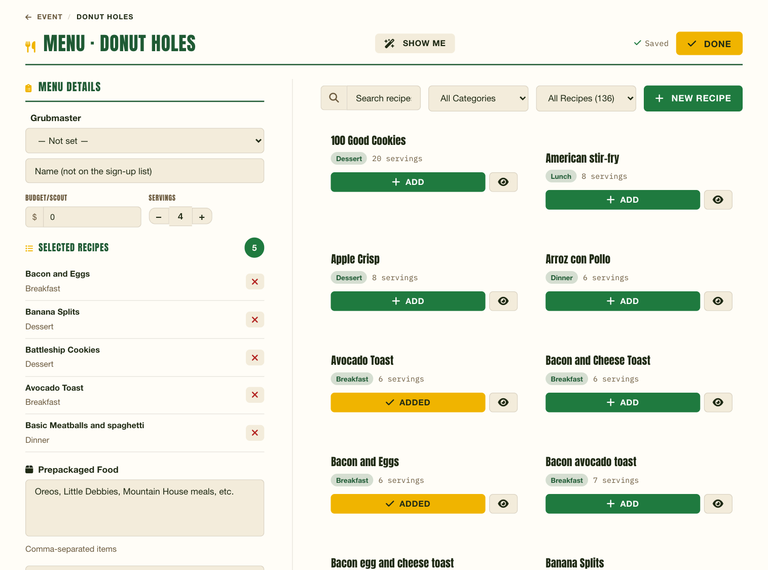 A patrol menu in What2Pack: recipes for each meal, with the shopping list built from them